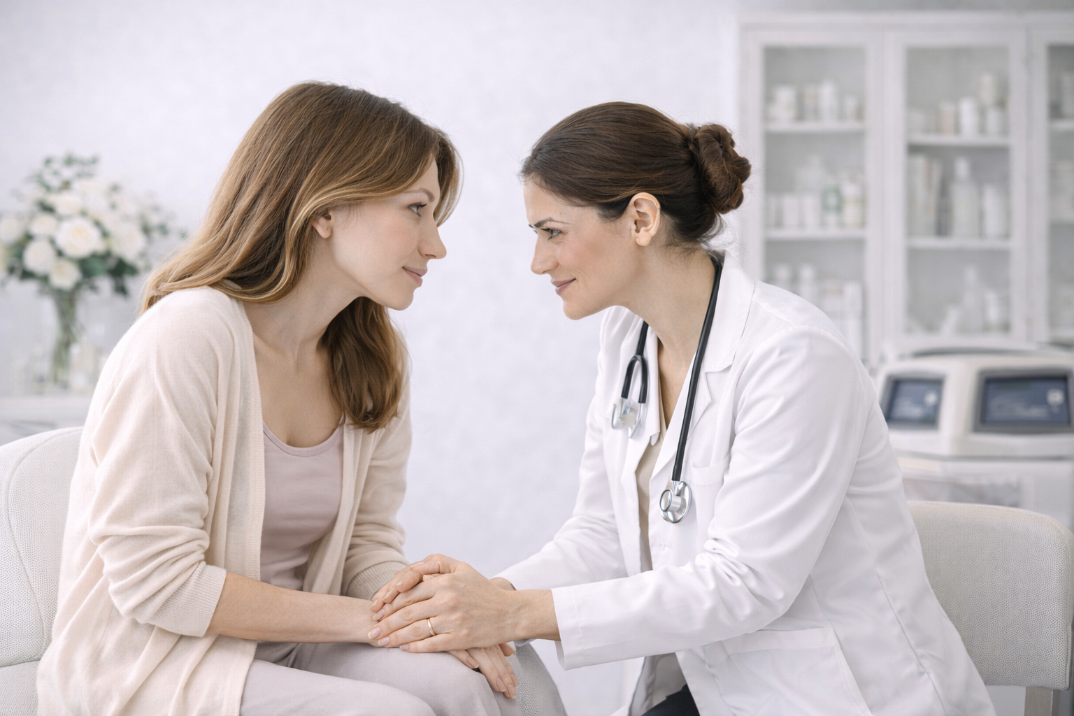 A person sitting in a consultation with a doctor, looking at a screen together with a calm and focused expression.